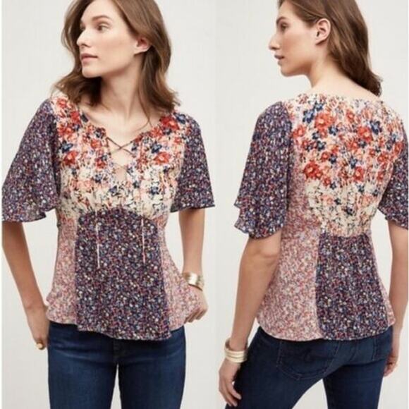 Anthropologie HD in Paris 0 Palo Alto Floral Blouse Floral Patchwork Tie Front - Picture 12 of 12